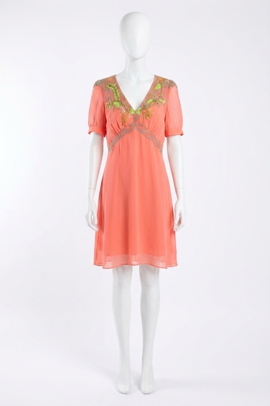 NEW FRENCH CONNECTION embroidered chiffon dress in coral